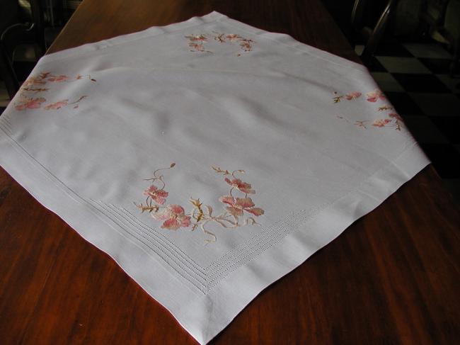 Breathtaking little tablecloth with cosmos flowers embroidered in silk thread