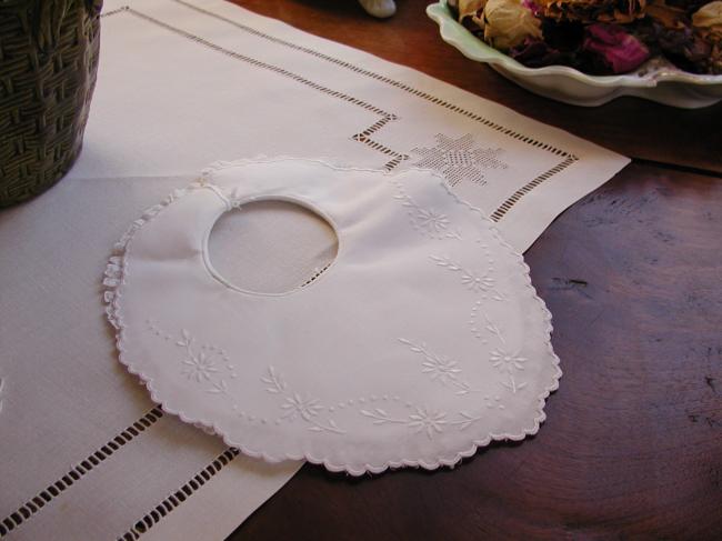 Lovely double baby bib with hand-embroidered daisies & Valenciennes lace