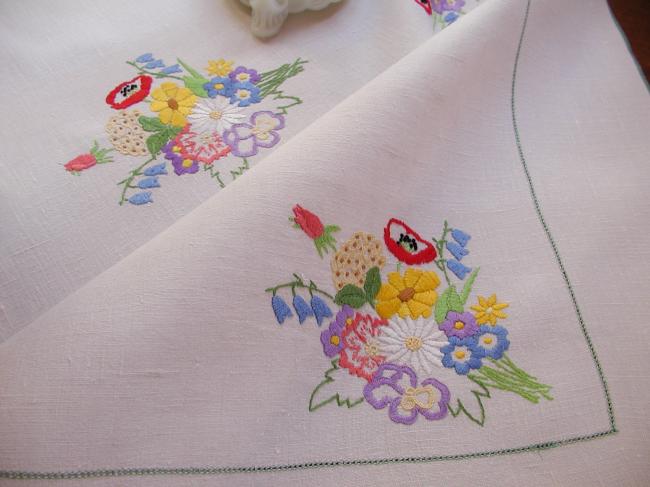 Really adorable tablecloth with hand-embroidered Spring bouquet