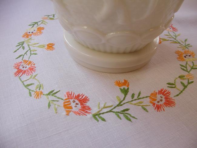 Lovely tablecloth with hand-embroidered flowers in crown and long bell-flower