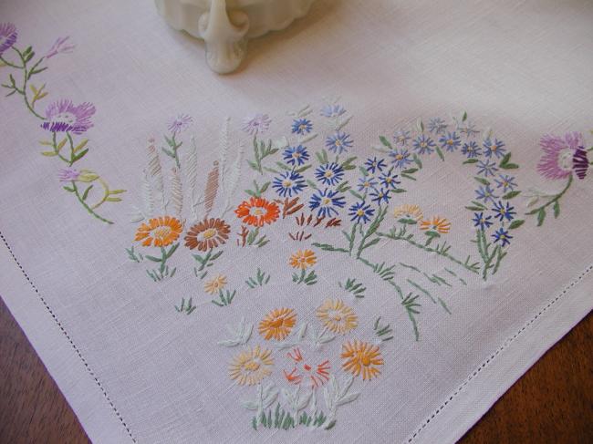 Lovely tablecloth with hand-embroidered flowers in crown and long bell-flower