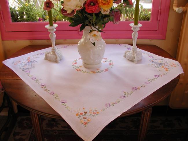 Lovely tablecloth with hand-embroidered flowers in crown and long bell-flower