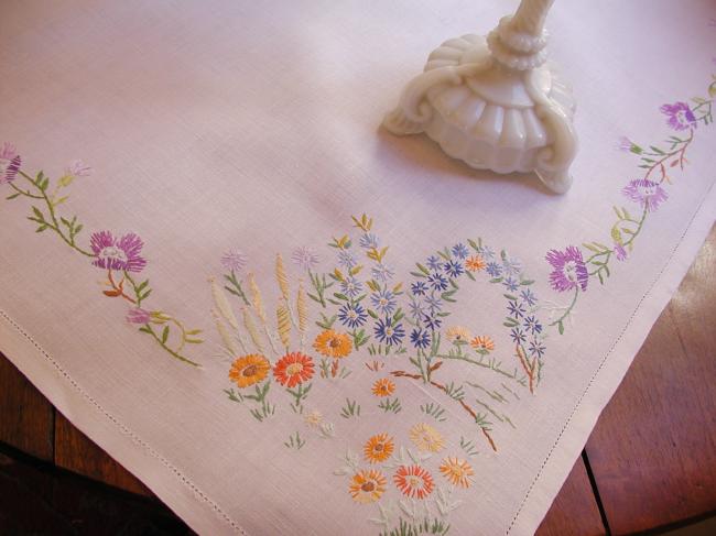 Lovely tablecloth with hand-embroidered flowers in crown and long bell-flower