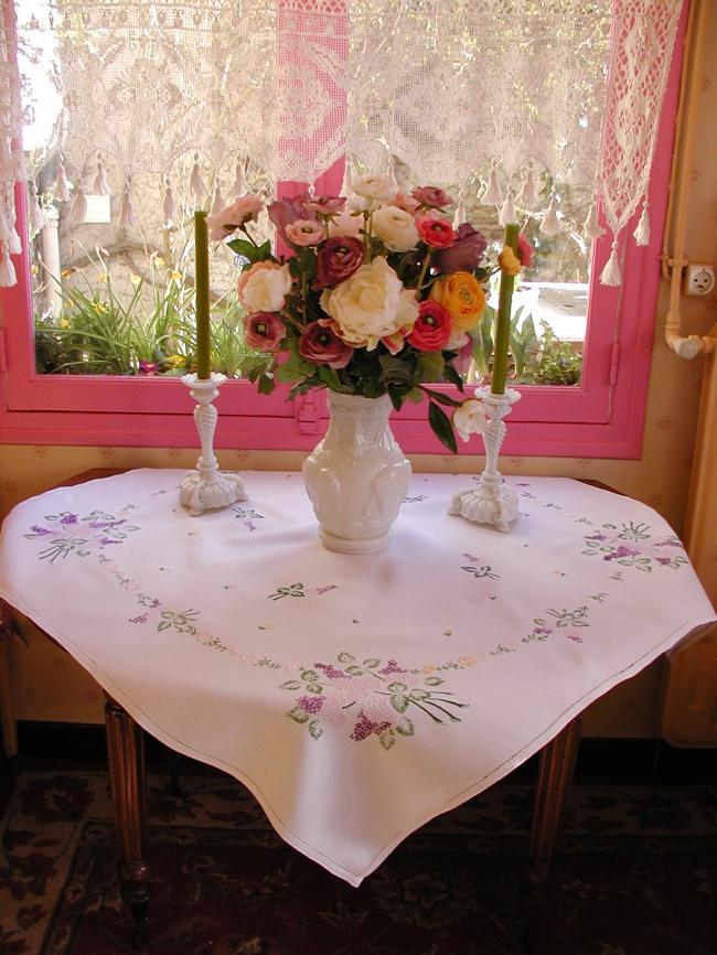 Lovely tablecloth with hand-embroidered blooming Lilac tree