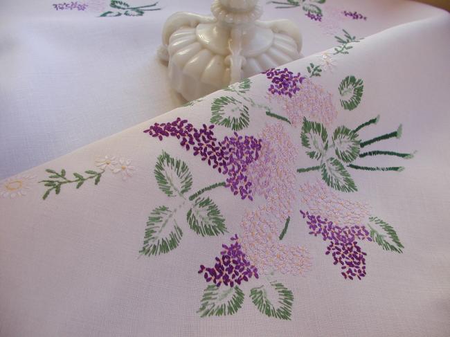 Lovely tablecloth with hand-embroidered blooming Lilac tree