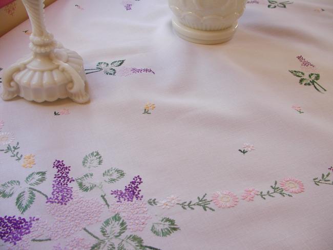 Lovely tablecloth with hand-embroidered blooming Lilac tree