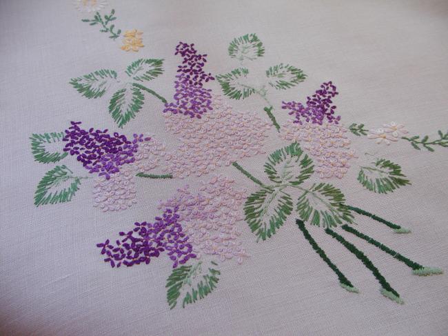 Lovely tablecloth with hand-embroidered blooming Lilac tree