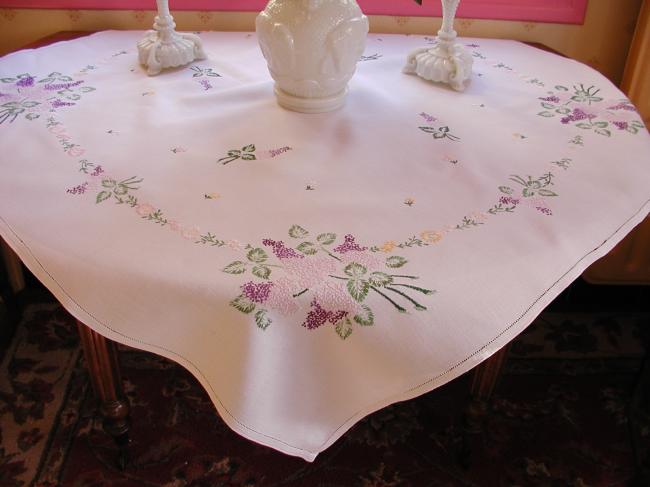 Lovely tablecloth with hand-embroidered blooming Lilac tree