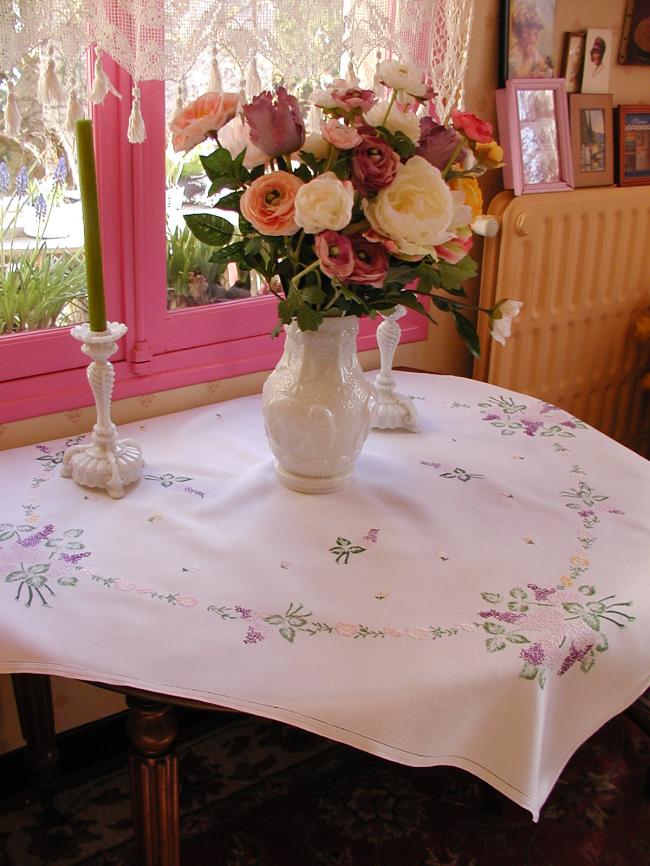 Lovely tablecloth with hand-embroidered blooming Lilac tree