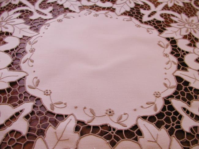 Exceptional  Madeira tablecloth with hand embroidered stylish flowers