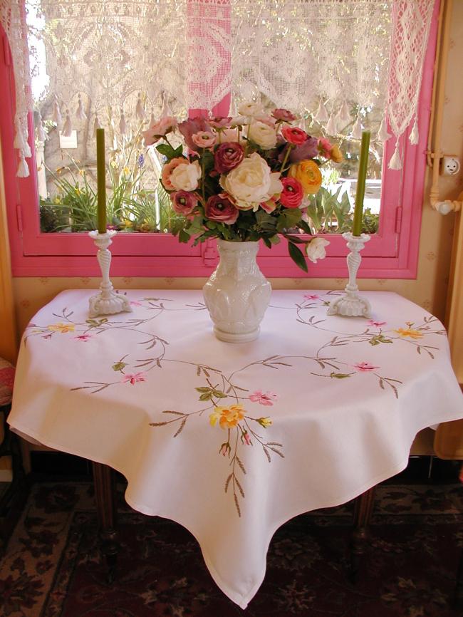 Stunning tablecloth with hand-embroidered yellow and pink roses, herbaceous