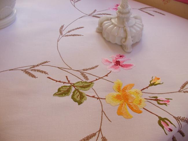 Stunning tablecloth with hand-embroidered yellow and pink roses, herbaceous