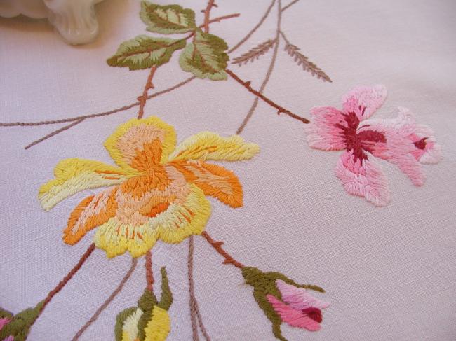 Stunning tablecloth with hand-embroidered yellow and pink roses, herbaceous