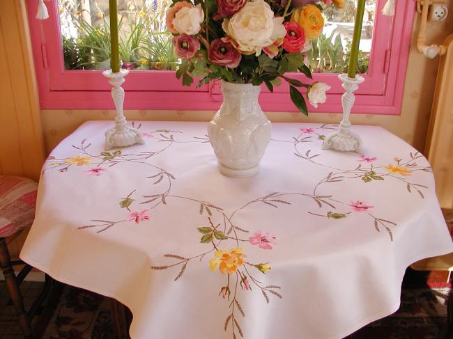 Stunning tablecloth with hand-embroidered yellow and pink roses, herbaceous