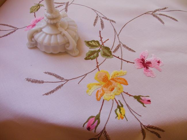 Stunning tablecloth with hand-embroidered yellow and pink roses, herbaceous