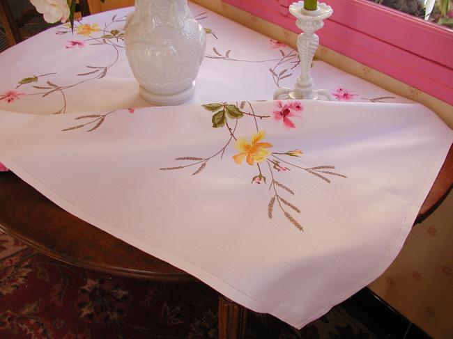 Stunning tablecloth with hand-embroidered yellow and pink roses, herbaceous