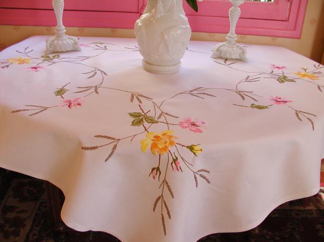 Stunning tablecloth with hand-embroidered yellow and pink roses, herbaceous