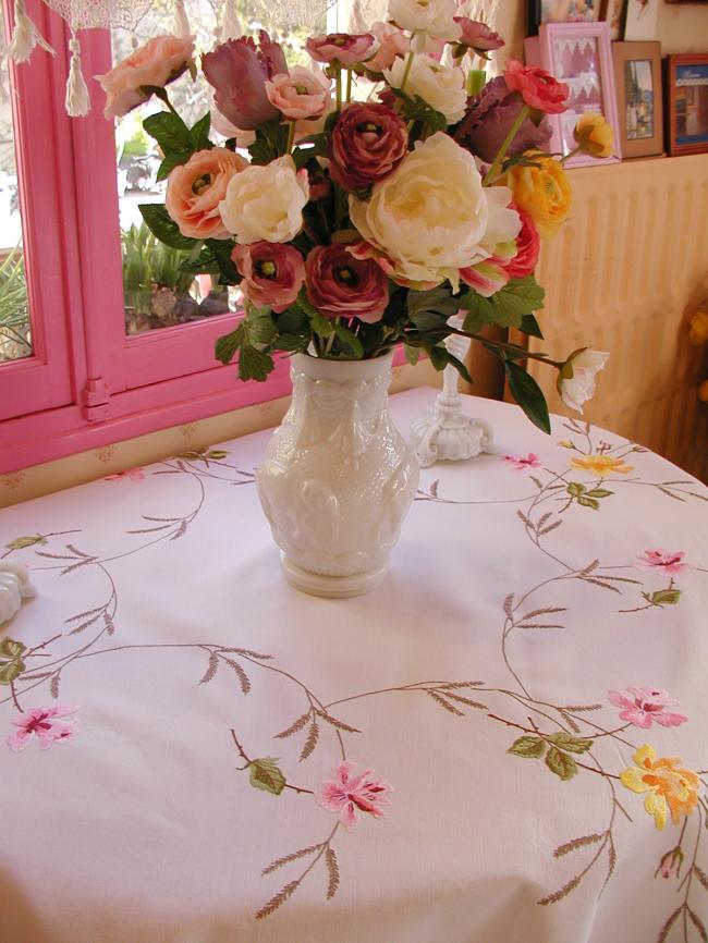 Stunning tablecloth with hand-embroidered yellow and pink roses, herbaceous