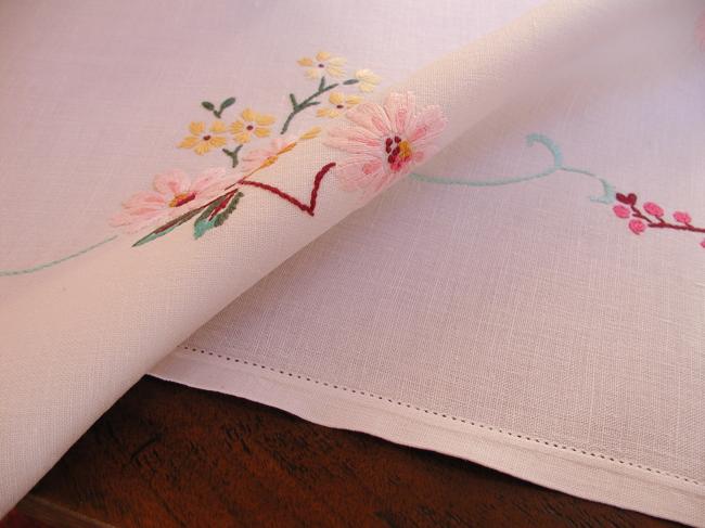 Lovely tablecloth with hand-embroidered blooming apple tree