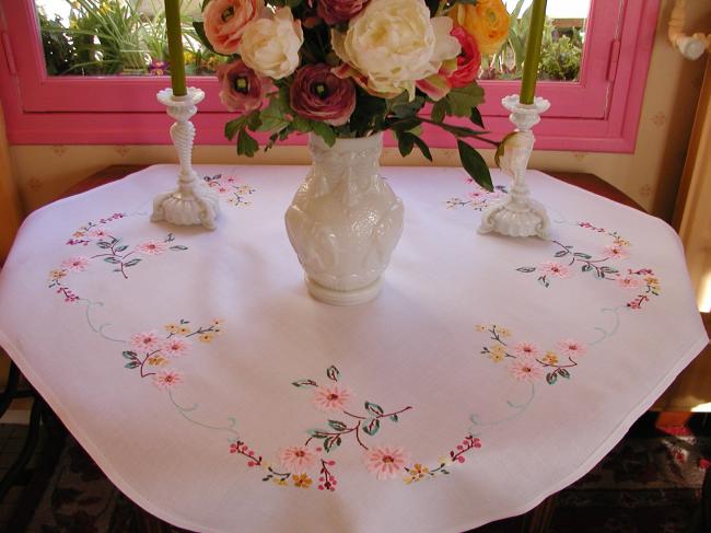 Lovely tablecloth with hand-embroidered blooming apple tree