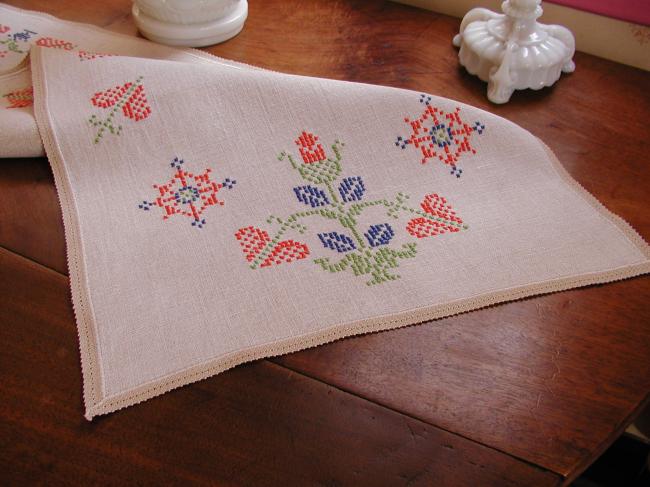 Very pretty table runner with hand-emboidery made in cross stitches