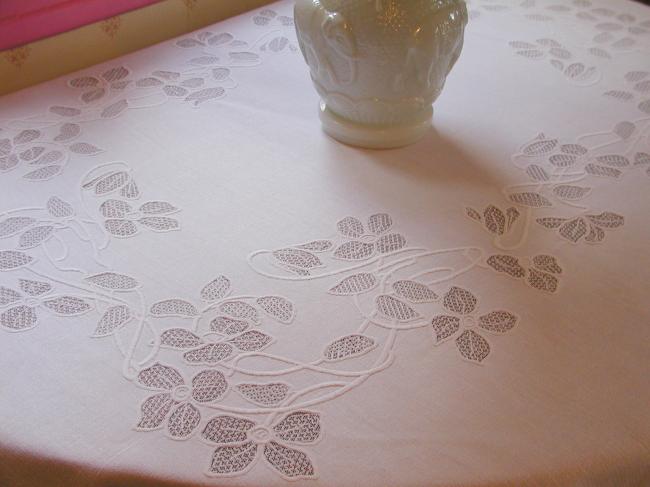 Gorgeous tablecloth with elaborated openwork in embroidered net