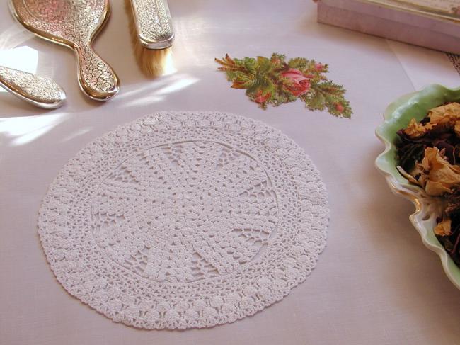 Lovely hand made crochet lace round doily in satin cotton