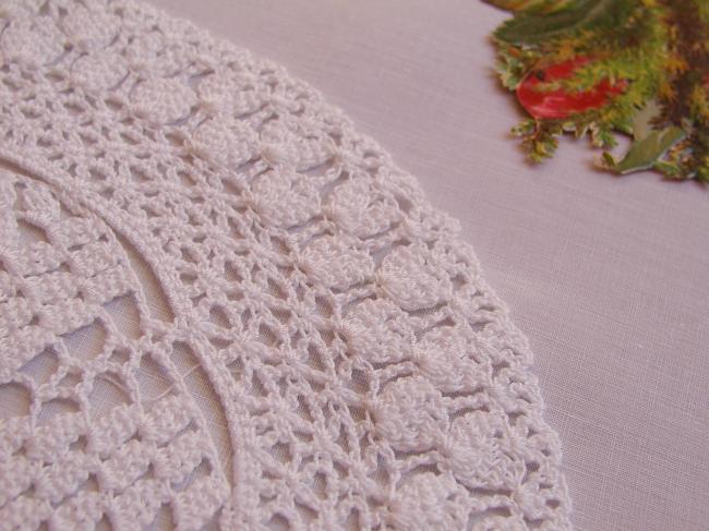 Lovely hand made crochet lace round doily in satin cotton