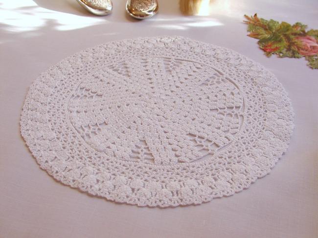 Lovely hand made crochet lace round doily in satin cotton