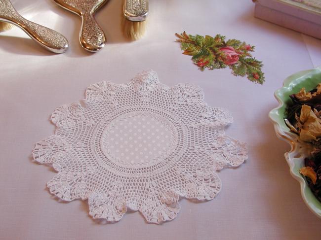 Charming hand made damask round doily with crochet lace