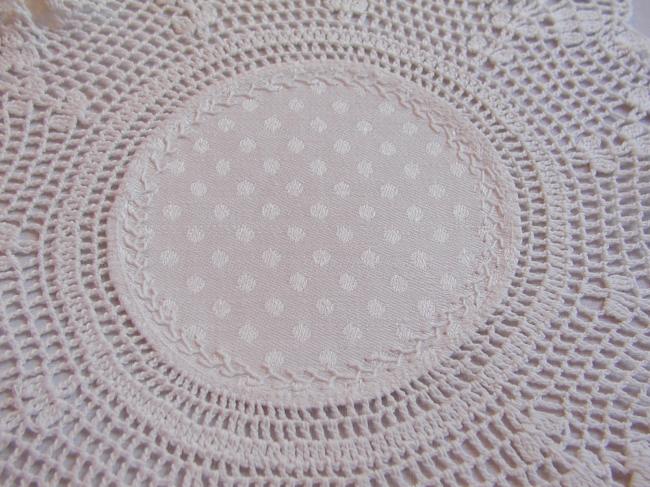 Charming hand made damask round doily with crochet lace