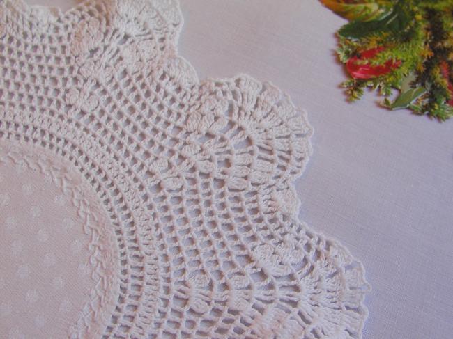 Charming hand made damask round doily with crochet lace