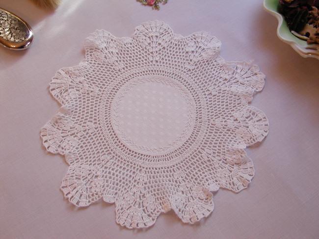 Charming hand made damask round doily with crochet lace