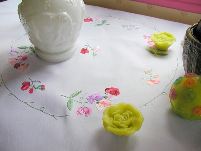 Adorable fine linen tablecloth with hand-embroidered sweet peas