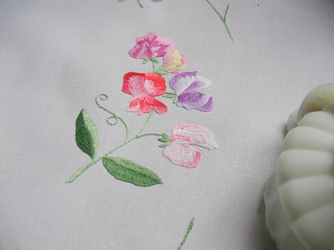 Adorable fine linen tablecloth with hand-embroidered sweet peas