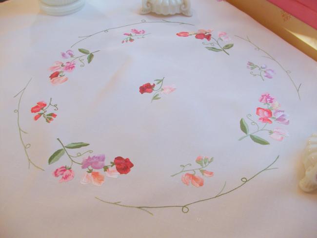 Adorable fine linen tablecloth with hand-embroidered sweet peas