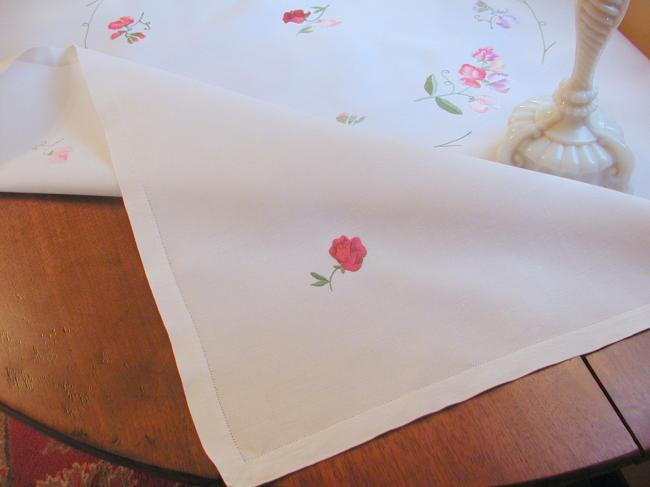 Adorable fine linen tablecloth with hand-embroidered sweet peas