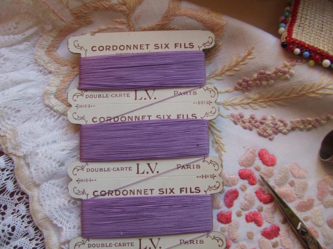 Superbe carte ancienne de cordonnet 6 fils en coton, couleur lilas, marque L.V