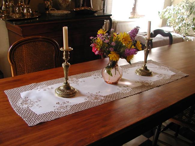 Wonderful table runner in rich Madeira embroidery 1920