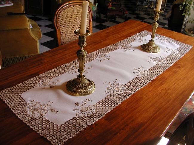 Wonderful table runner in rich Madeira embroidery 1920