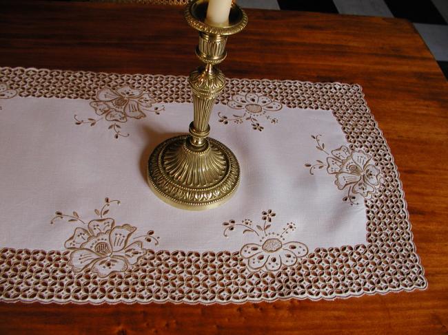 Wonderful table runner in rich Madeira embroidery 1920