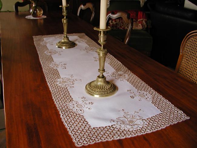 Wonderful table runner in rich Madeira embroidery 1920