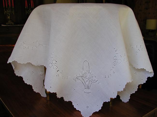 Gorgeous floral embroidered tablecloth in batiste of linen