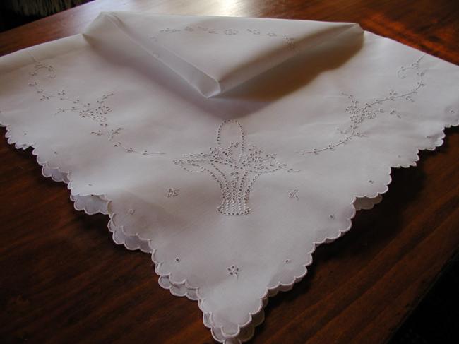 Gorgeous floral embroidered tablecloth in batiste of linen