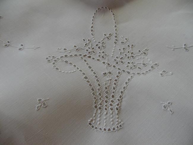 Gorgeous floral embroidered tablecloth in batiste of linen