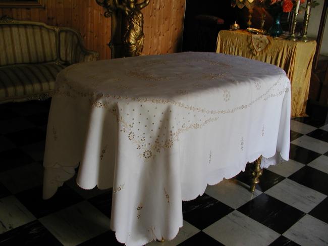 Stunning banquet tablecloth with gold  Madeira embroidery