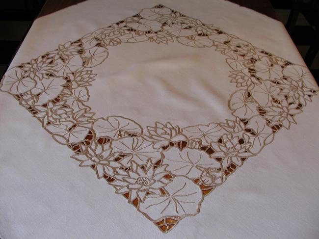 Lovely Madeira tablecloth with embroidered water lilies