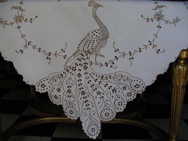 Exceptionnal Madeira embroidered tablecloth with magnificient peacocks