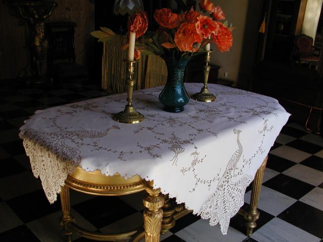 Exceptionnal Madeira embroidered tablecloth with magnificient peacocks