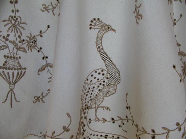 Exceptionnal Madeira embroidered tablecloth with magnificient peacocks